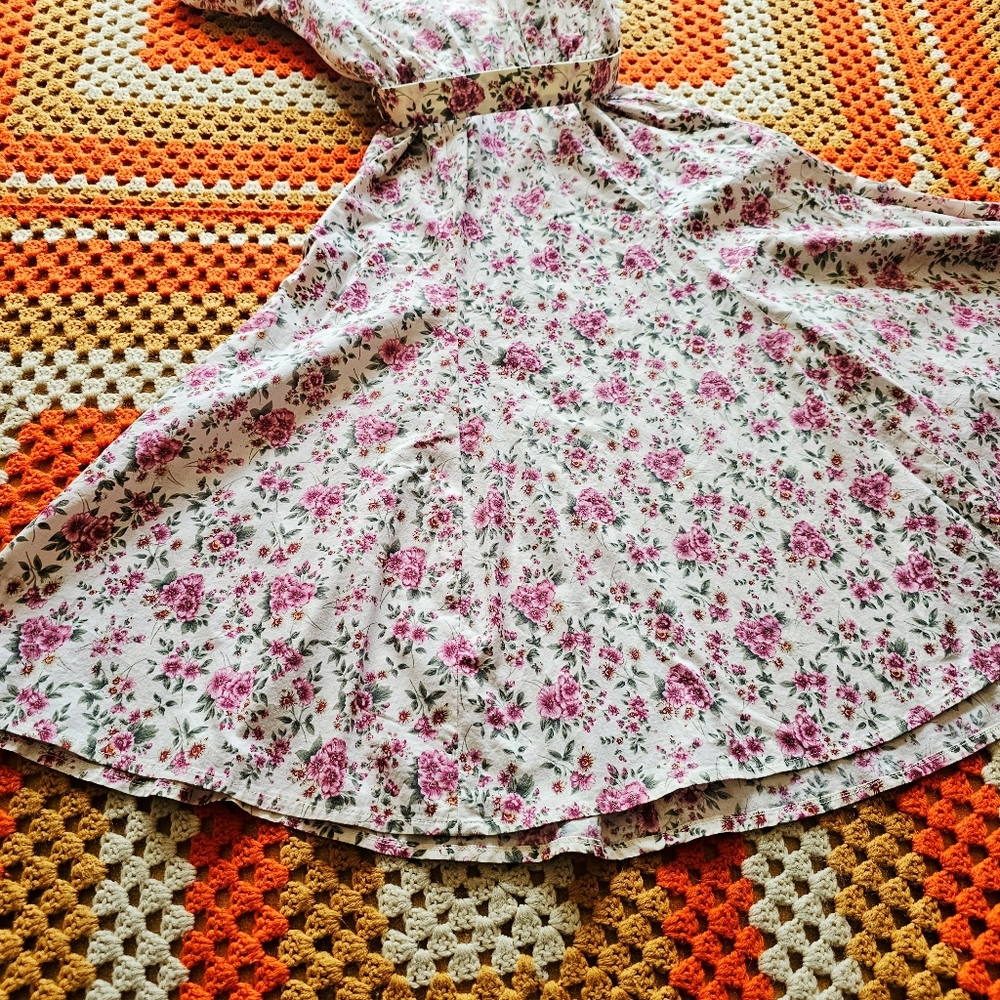 80s Floral Pink Green Cotton Midi Tea Dress With Matching Belt Handmade Vintage - Picture 10 of 10